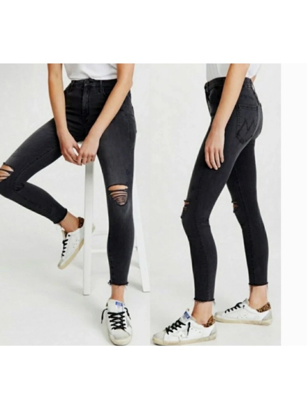 Mother Denim Looker Ankle Fray Jeans Black Guilty as Sin 25 Stretch High Rise